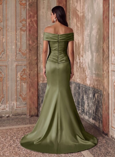 Sheath/Column Off-The-Shoulder Sleeveless Sweep Train Satin Evening Dresses With Ruffle