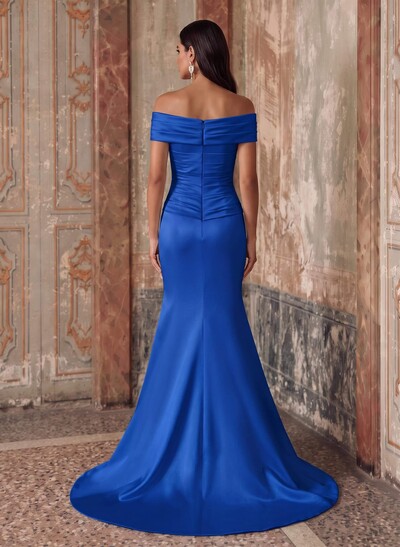 Sheath/Column Off-The-Shoulder Sleeveless Sweep Train Satin Evening Dresses With Ruffle