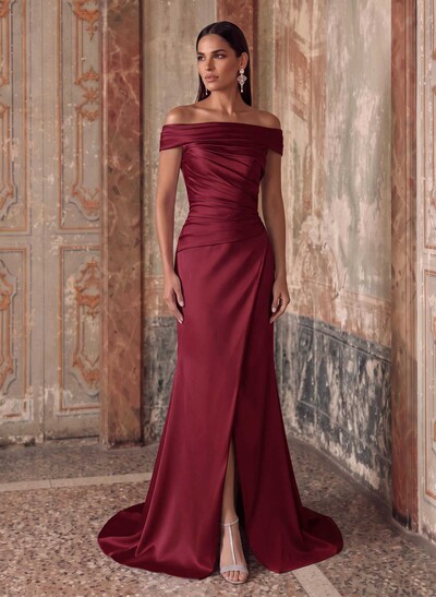 Sheath/Column Off-The-Shoulder Sleeveless Sweep Train Satin Evening Dresses With Ruffle