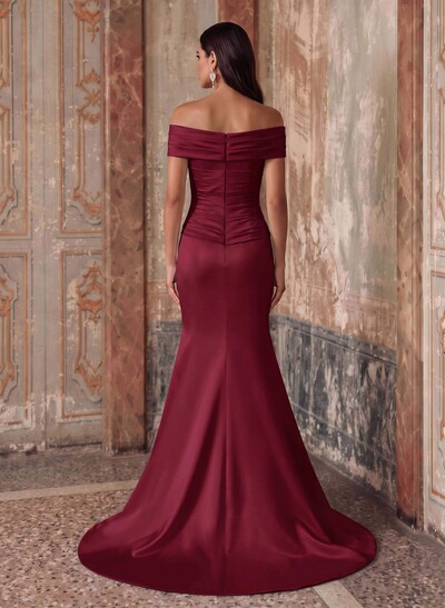 Sheath/Column Off-The-Shoulder Sleeveless Sweep Train Satin Evening Dresses With Ruffle