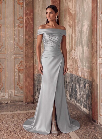 Sheath/Column Off-The-Shoulder Sleeveless Sweep Train Satin Evening Dresses With Ruffle