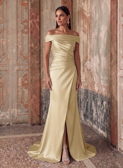 Sheath/Column Off-The-Shoulder Sleeveless Sweep Train Satin Evening Dresses With Ruffle
