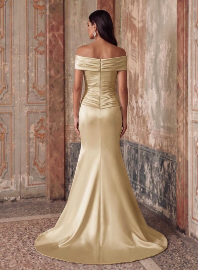 Sheath/Column Off-The-Shoulder Sleeveless Sweep Train Satin Evening Dresses With Ruffle