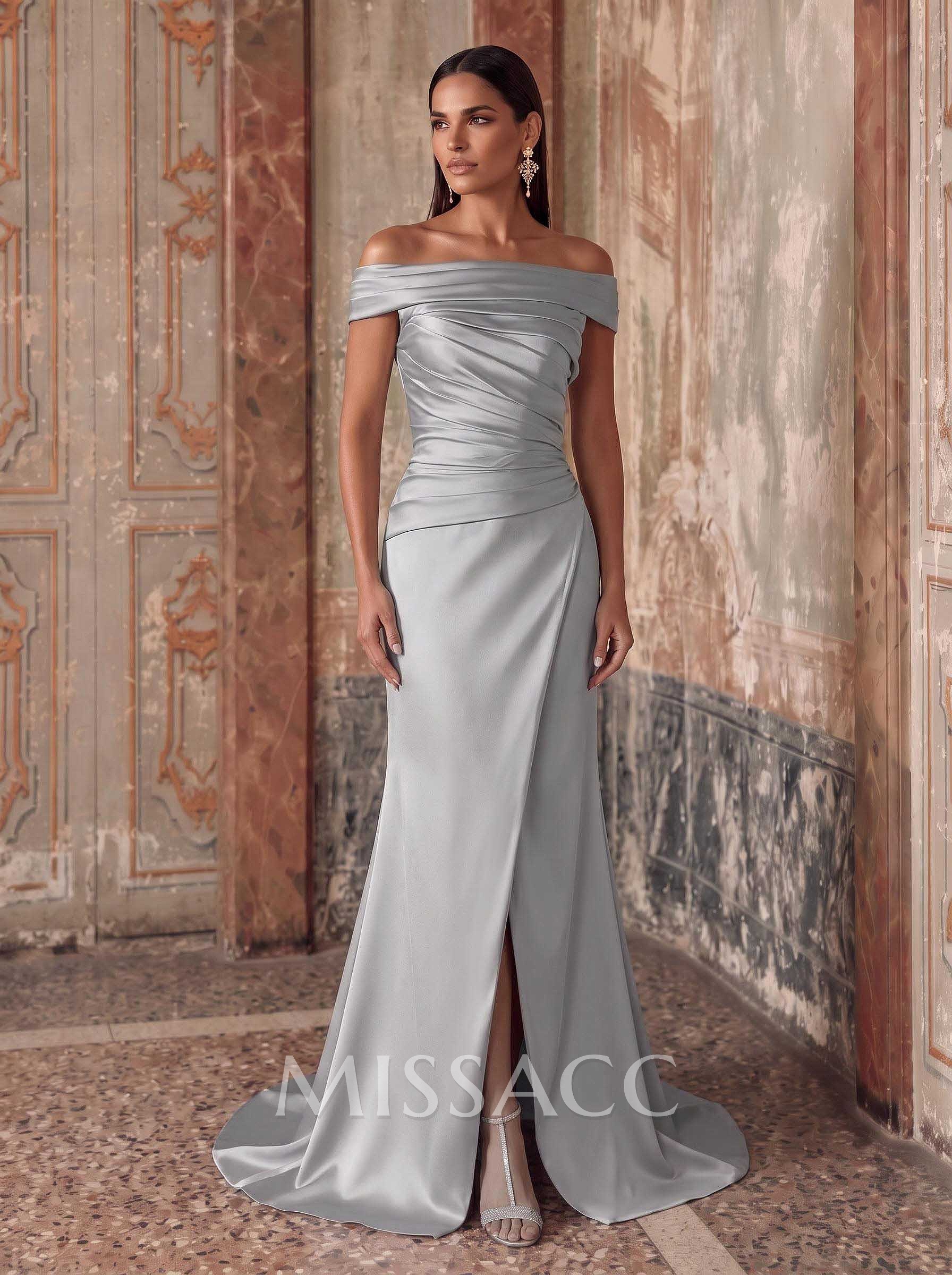 Sheath/Column Off-The-Shoulder Sleeveless Sweep Train Satin Evening Dresses With Ruffle