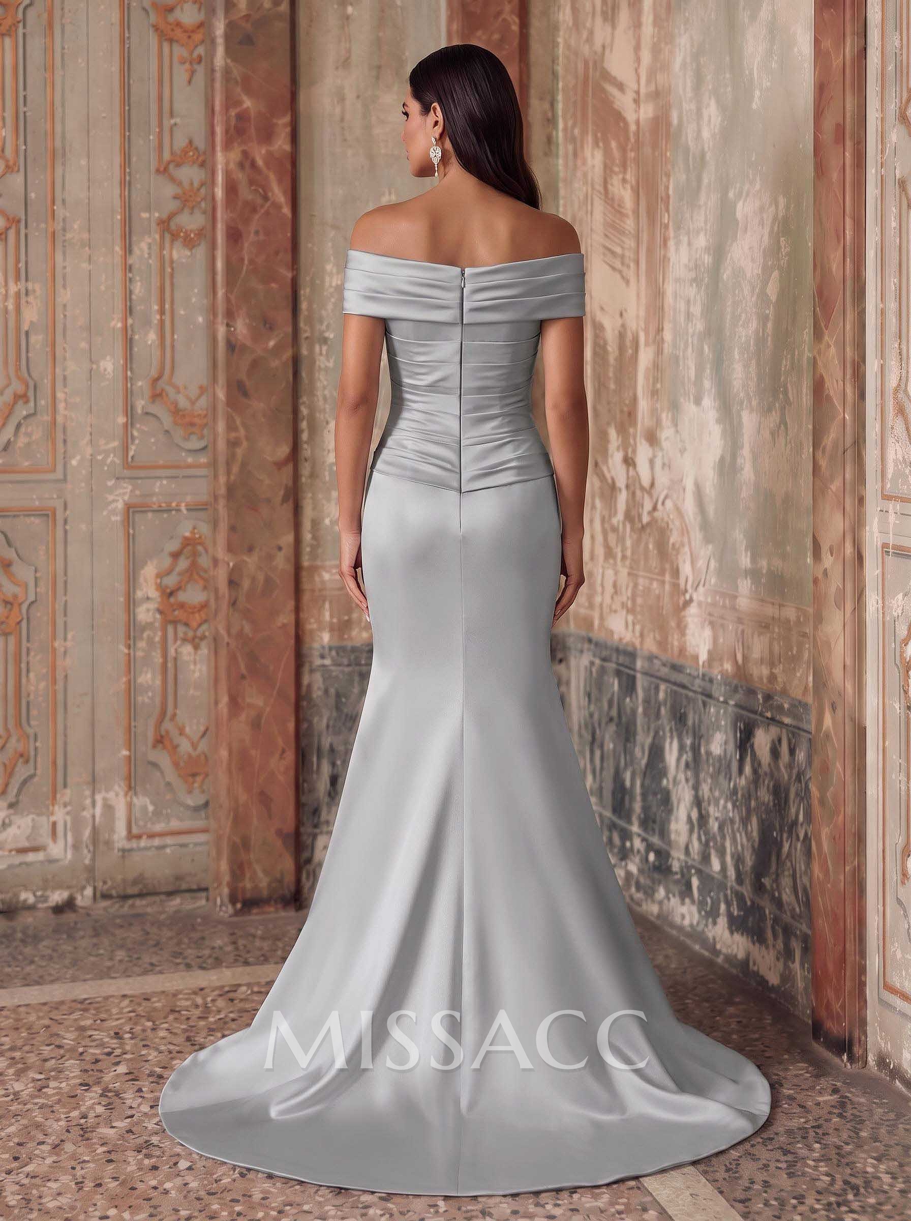 Sheath/Column Off-The-Shoulder Sleeveless Sweep Train Satin Evening Dresses With Ruffle