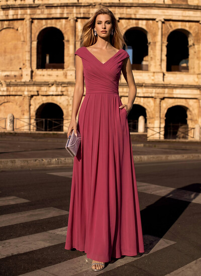 A-Line V-Neck Sleeveless Floor-Length Chiffon Evening Dresses