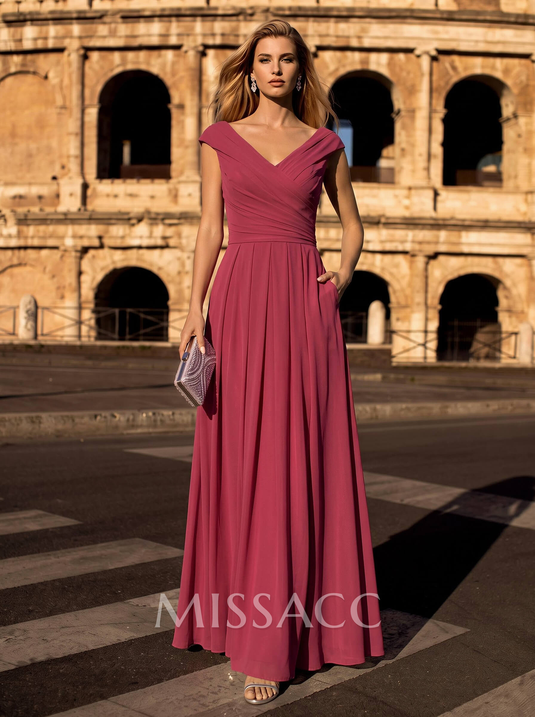 A-Line V-Neck Sleeveless Floor-Length Chiffon Evening Dresses