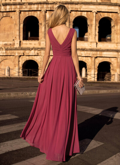 A-Line V-Neck Sleeveless Floor-Length Chiffon Evening Dresses