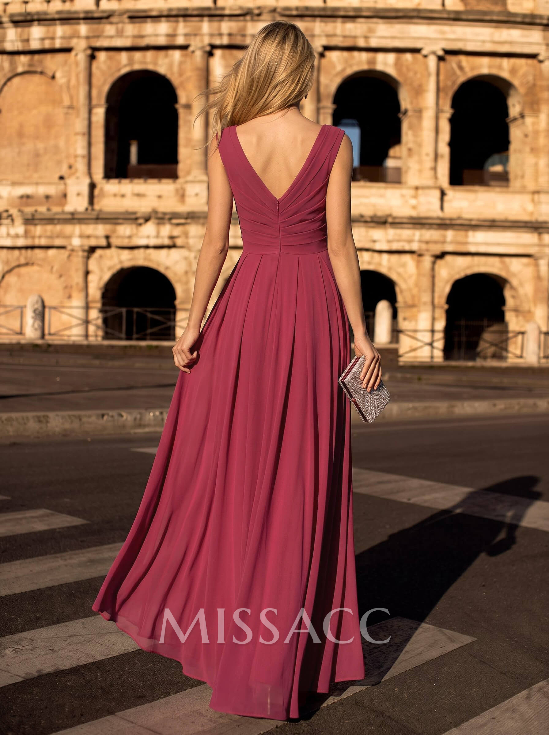A-Line V-Neck Sleeveless Floor-Length Chiffon Evening Dresses
