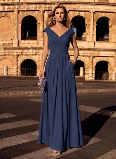 A-Line V-Neck Sleeveless Floor-Length Chiffon Evening Dresses