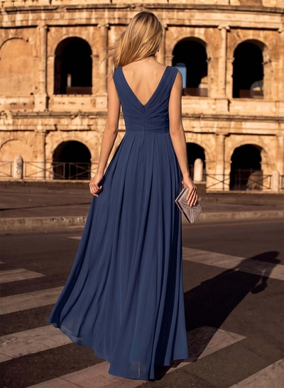 A-Line V-Neck Sleeveless Floor-Length Chiffon Evening Dresses