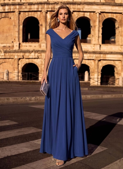 A-Line V-Neck Sleeveless Maxi Chiffon Formal Dresses