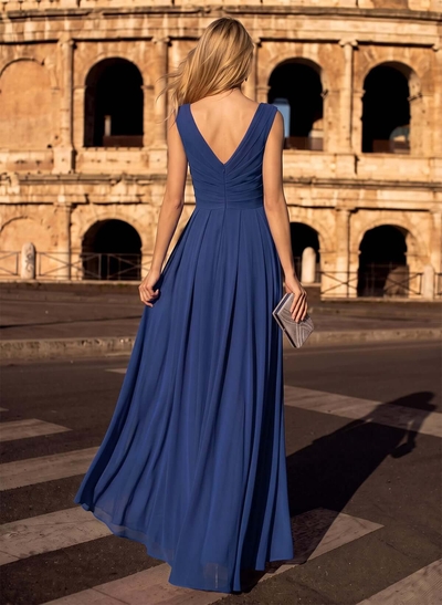 A-Line V-Neck Sleeveless Maxi Chiffon Formal Dresses