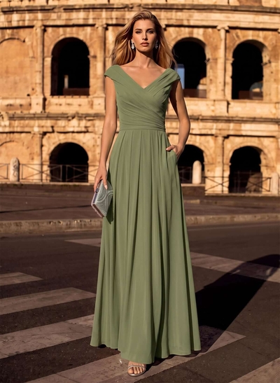 A-Line V-Neck Sleeveless Maxi Chiffon Formal Dresses