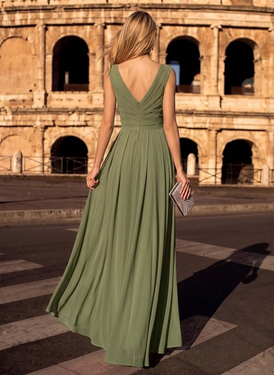 A-Line V-Neck Sleeveless Maxi Chiffon Formal Dresses