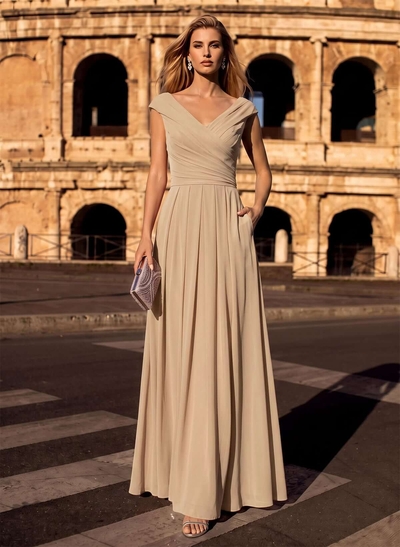 A-Line V-Neck Sleeveless Floor-Length Chiffon Evening Dresses
