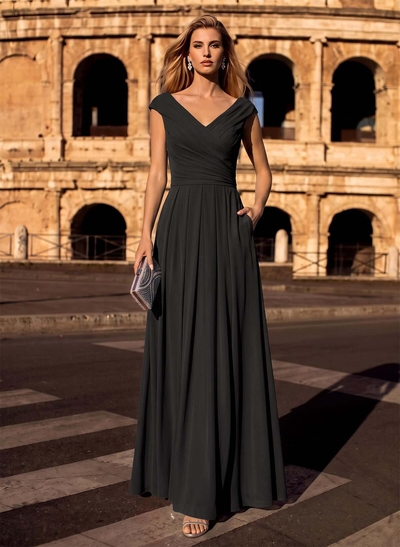 A-Line V-Neck Sleeveless Floor-Length Chiffon Evening Dresses