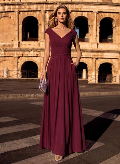 A-Line V-Neck Sleeveless Floor-Length Chiffon Evening Dresses