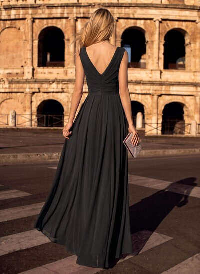 A-Line V-Neck Sleeveless Floor-Length Chiffon Evening Dresses