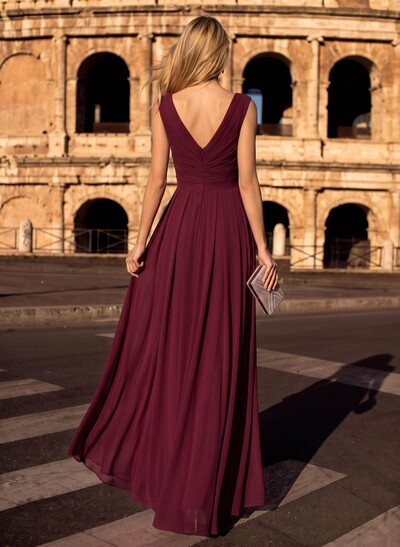 A-Line V-Neck Sleeveless Floor-Length Chiffon Evening Dresses