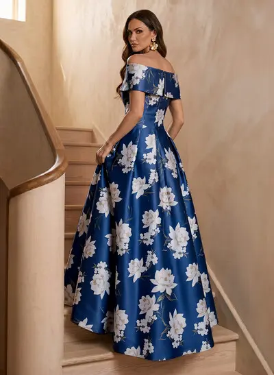 A-Line Off-The-Shoulder Sleeveless Floor-Length Twill Satin Evening Dresses With Floral-Print