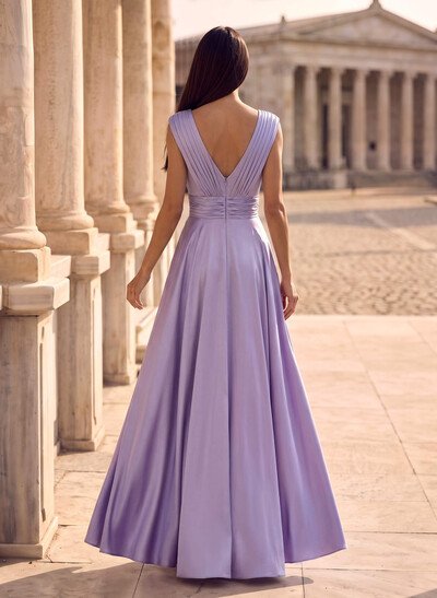 A-Line V-Neck Cape Sleeves Floor-Length Stretch Satin Evening Dresses With High Split