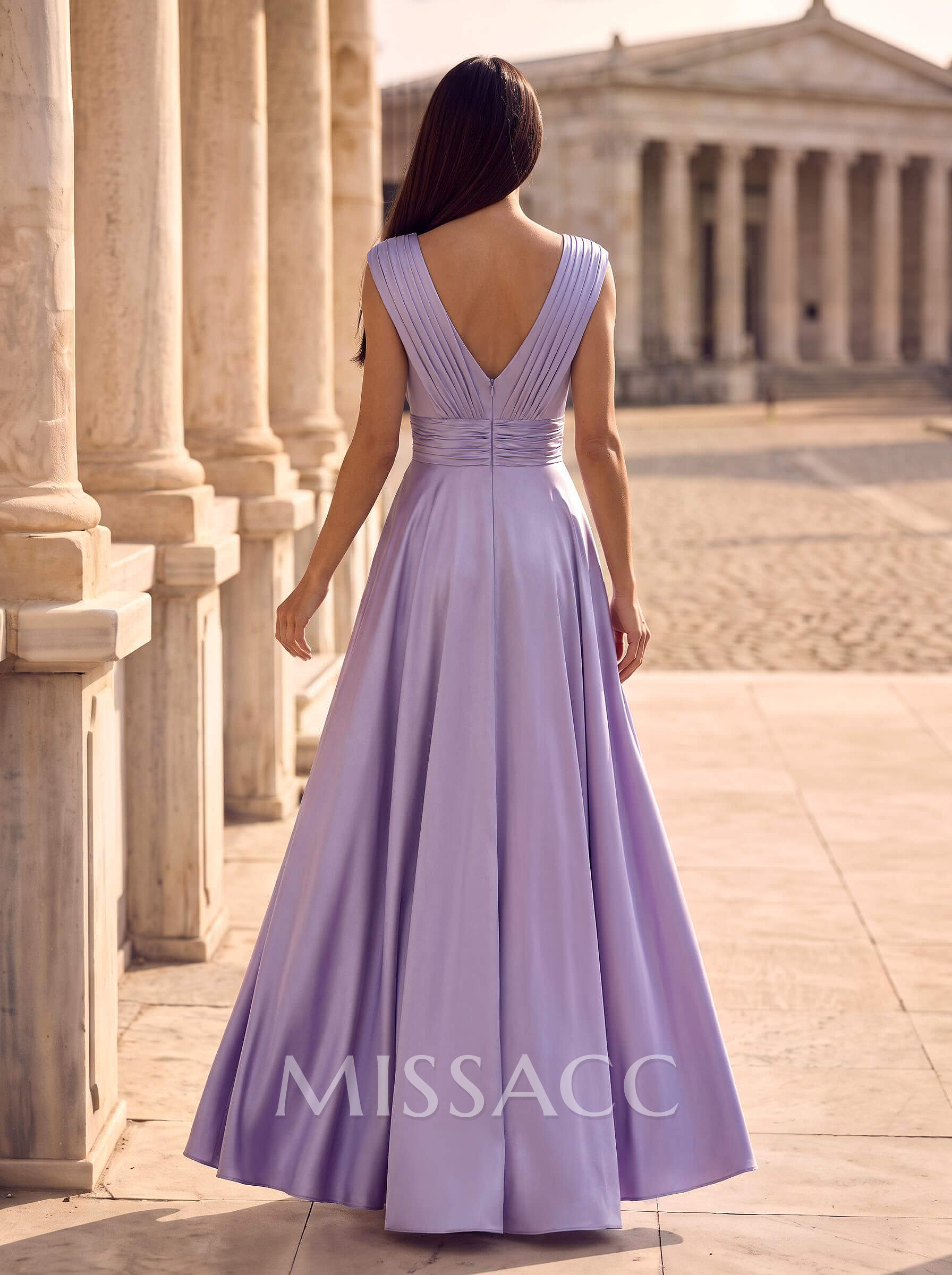 A-Line V-Neck Cape Sleeves Floor-Length Stretch Satin Evening Dresses With High Split