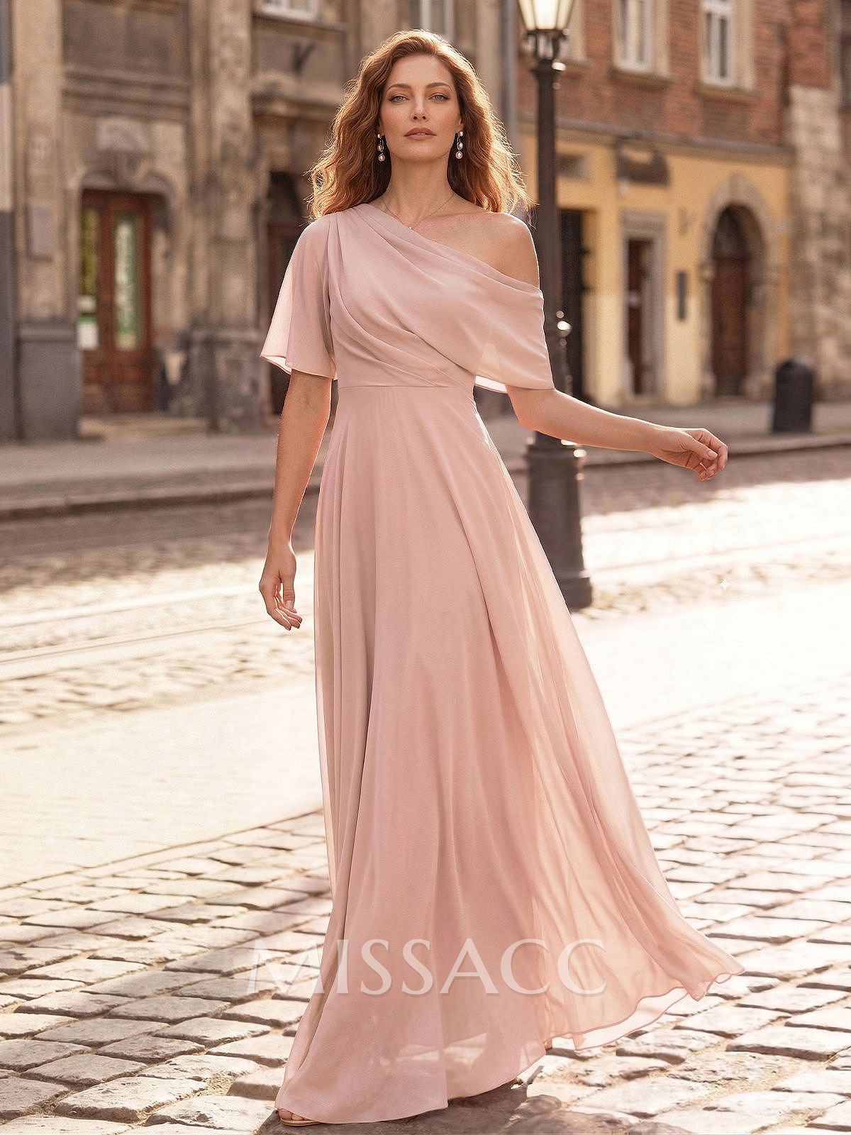 A-Line Asymmetrical Short Sleeves Floor-Length Chiffon Evening Dresses
