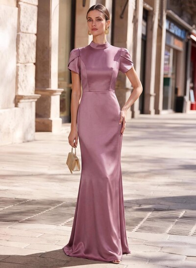 Mermaid/Trumpet High Neck Short Sleeve Sweep Train Matte Satin Evening Dress With Bow And Keyhole Back