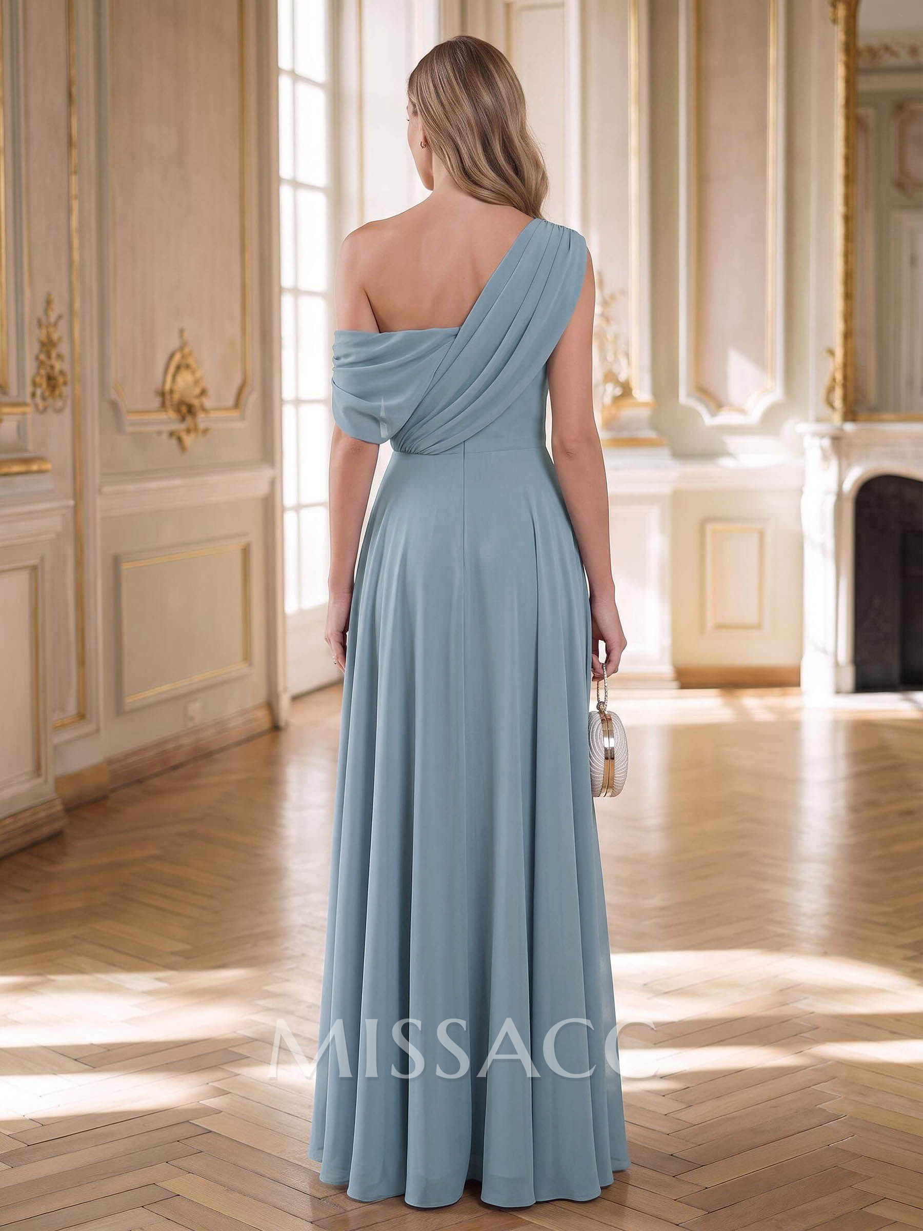 A-Line Asymmetric Short Sleeve Floor-Length Chiffon Evening Dress With High Slit
