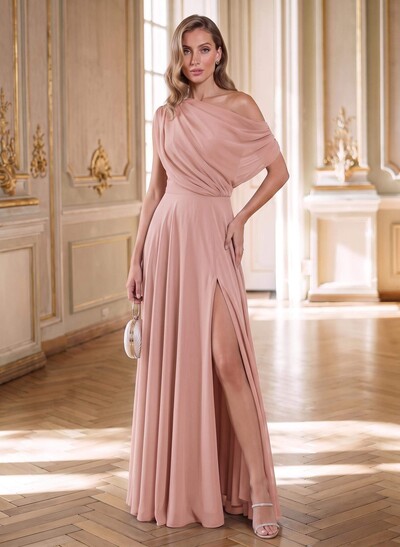 A-Line Asymmetrical Short Sleeves Floor-Length Chiffon Evening Dresses With High Split