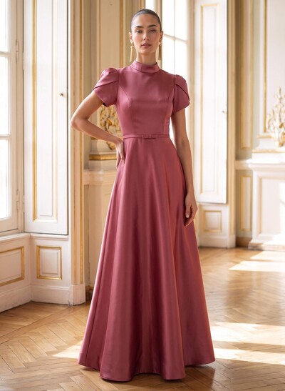 A-Line High Neck Short Sleeves Floor-Length Satin Evening Dresses With Bow/Back Hole