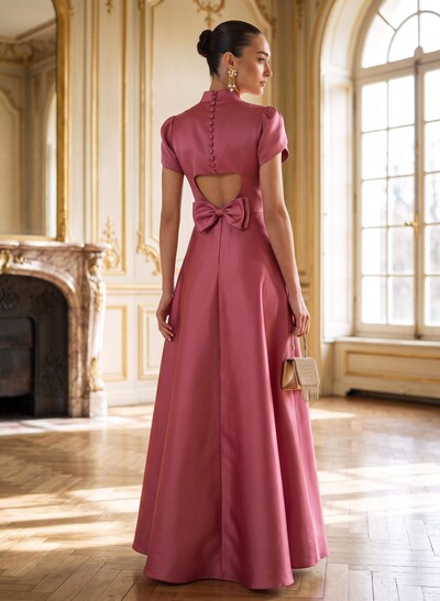 A-Line High Neck Short Sleeves Floor-Length Satin Evening Dresses With Bow/Back Hole
