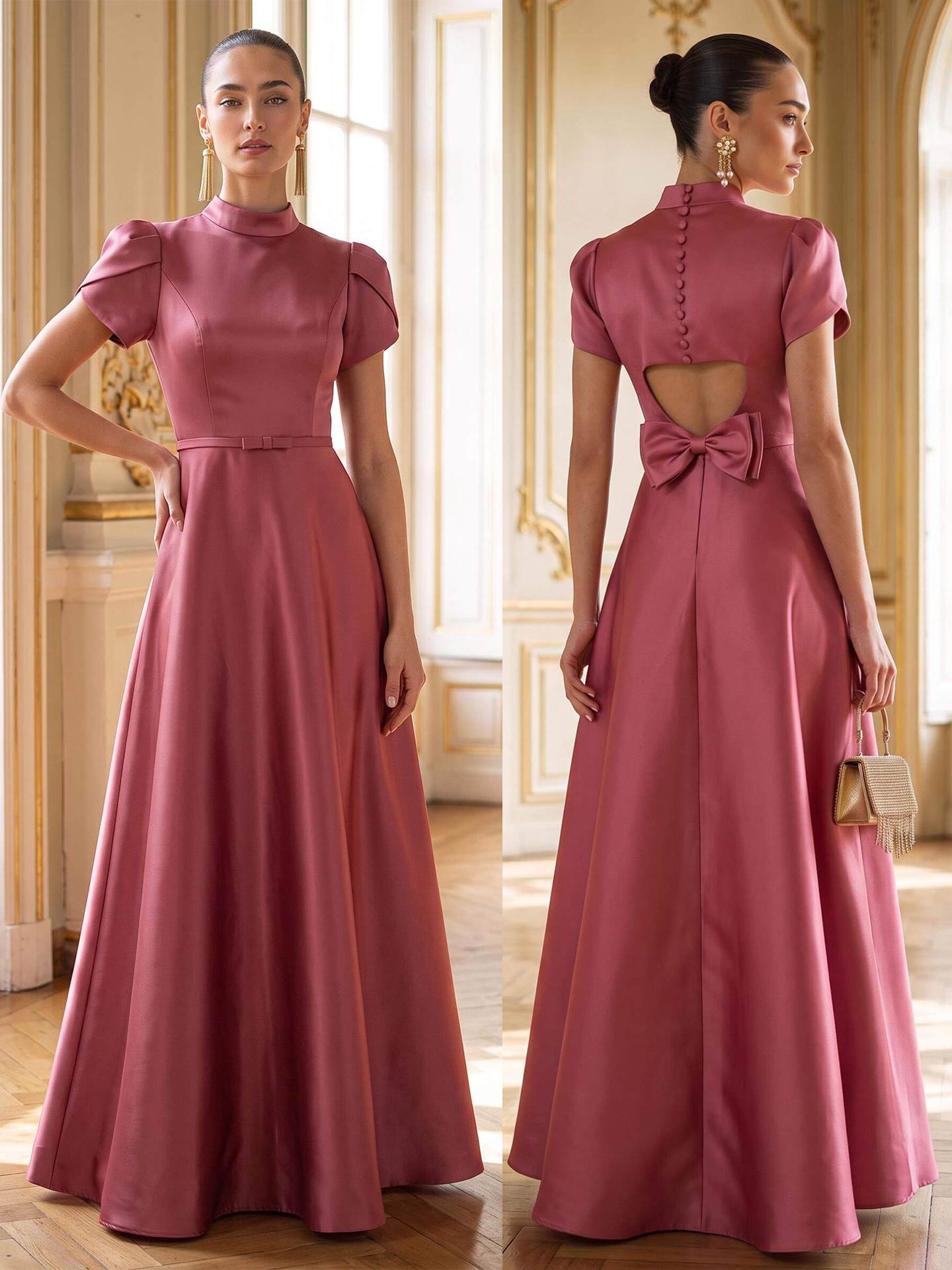 A-Line High Neck Short Sleeves Floor-Length Satin Evening Dresses With Bow/Back Hole