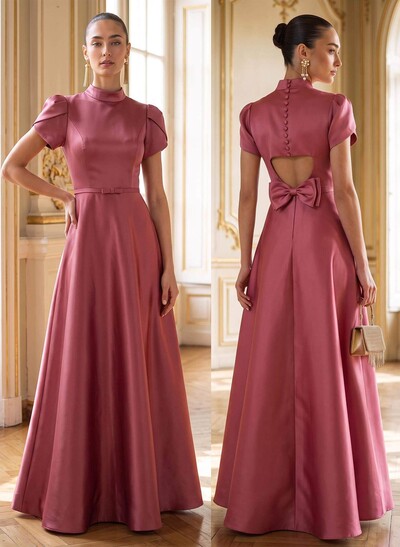A-Line High Neck Short Sleeve Floor-Length Satin Evening Dress With Bow And Keyhole Back