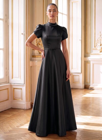 A-Line High Neck Short Sleeves Floor-Length Satin Evening Dresses With Bow/Back Hole