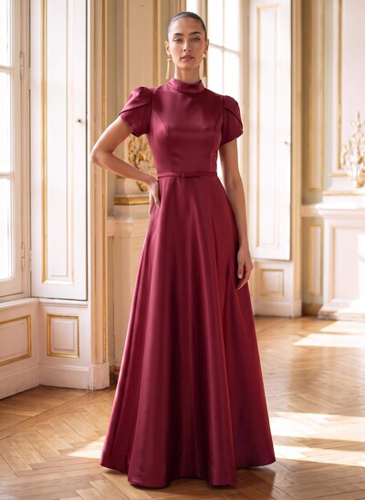 A-Line High Neck Short Sleeves Floor-Length Satin Evening Dresses With Bow/Back Hole