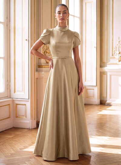 A-Line High Neck Short Sleeves Floor-Length Satin Evening Dresses With Bow/Back Hole