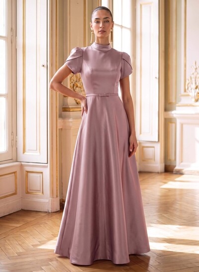A-Line High Neck Short Sleeves Floor-Length Satin Evening Dresses With Bow/Back Hole