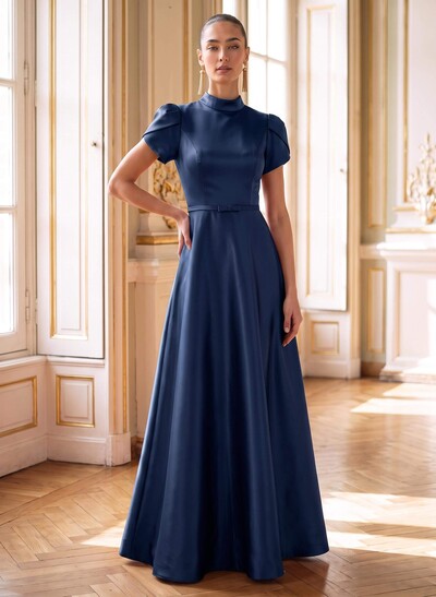 A-Line High Neck Short Sleeves Floor-Length Satin Evening Dresses With Bow/Back Hole