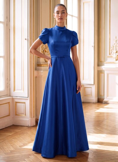 A-Line High Neck Short Sleeve Maxi Satin Evening Dress With Bow And Cut-Out Back