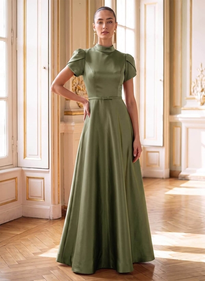 A-Line High Neck Short Sleeves Floor-Length Satin Evening Dresses With Bow/Back Hole