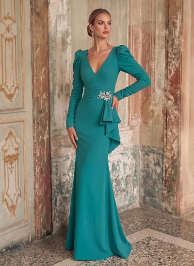 Trumpet/Mermaid V-Neck Long Sleeves Floor-Length Elastic Satin Evening Dresses With Cascading Ruffles/Beading