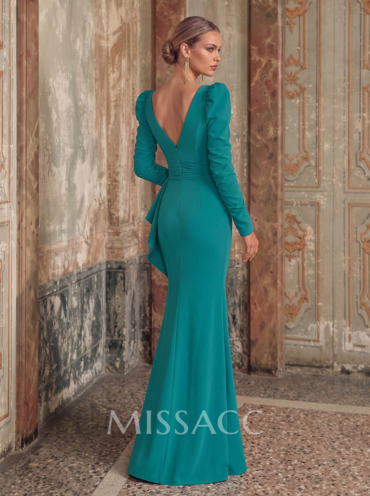 Trumpet/Mermaid V-Neck Long Sleeves Floor-Length Elastic Satin Evening Dresses With Cascading Ruffles/Beading