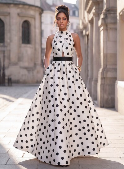 A-Line Halter Sleeveless Floor-Length Twill Satin Evening Dresses With Floral-Print