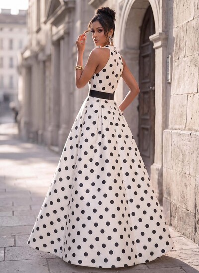 A-Line Halter Sleeveless Floor-Length Twill Satin Evening Dresses With Floral-Print
