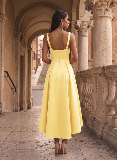 A-Line Square Neck Sleeveless Asymmetrical Satin Evening Dress With Bow