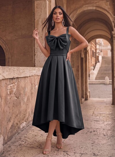 A-Line Square Neckline Sleeveless Asymmetrical Satin Evening Dresses With Bow