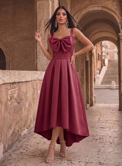 A-Line Square Neckline Sleeveless Asymmetrical Satin Evening Dresses With Bow
