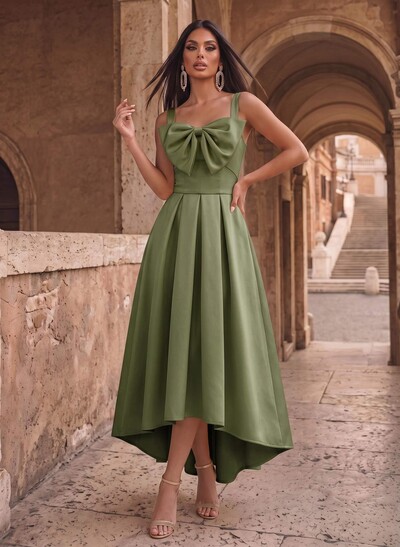 A-Line Square Neck Sleeveless Asymmetrical Satin Formal Dresses With Bow